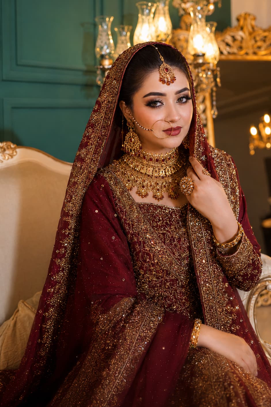 A seated bridal portrait in warm indoor light