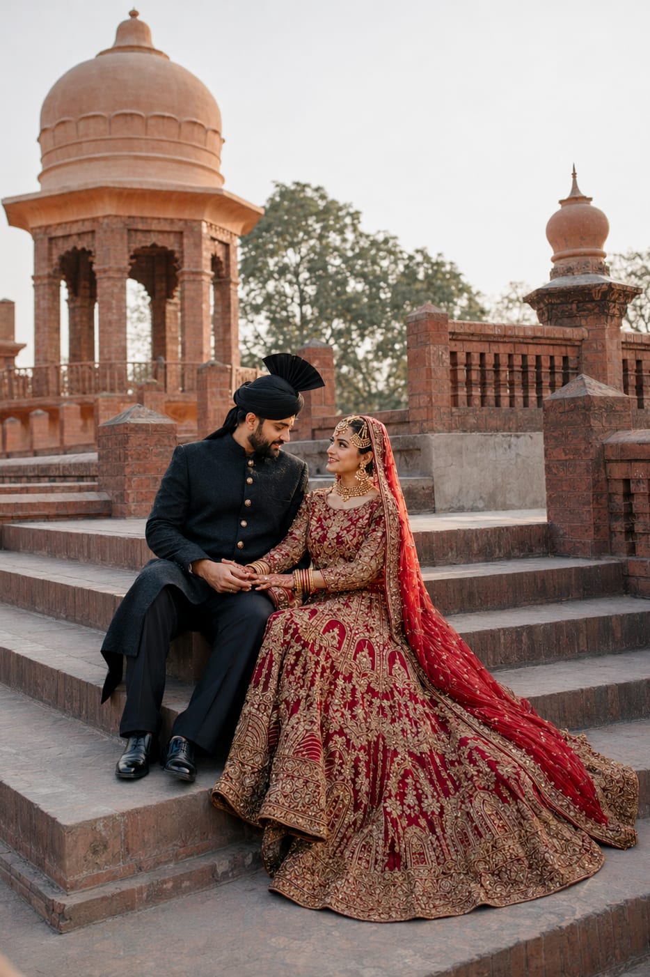 A couple in formal wedding clothes seated within red brick architecture