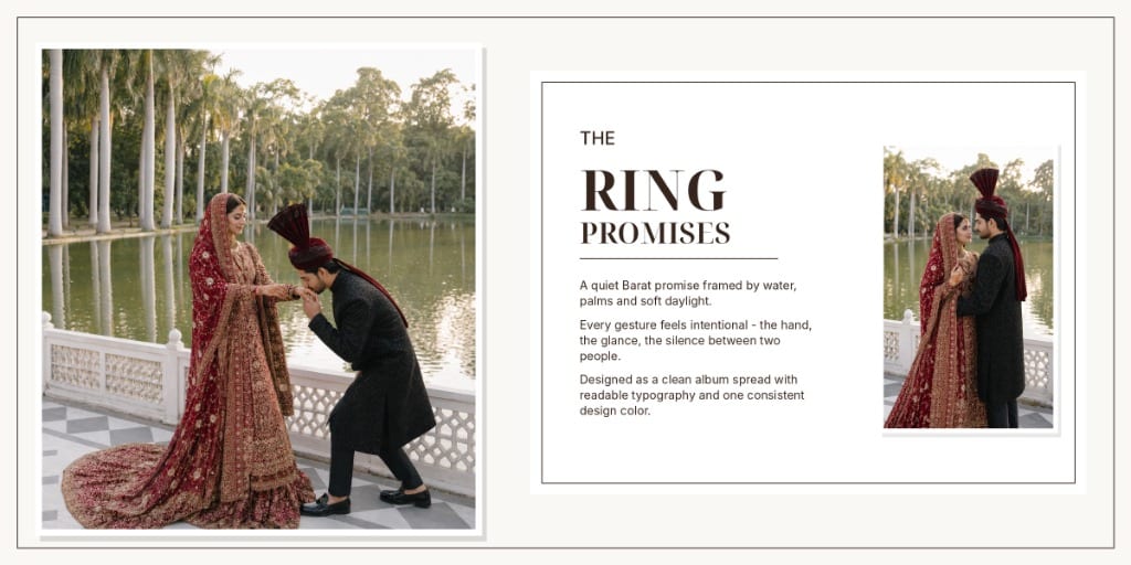 An example wedding album spread with two photographs and editorial typography.