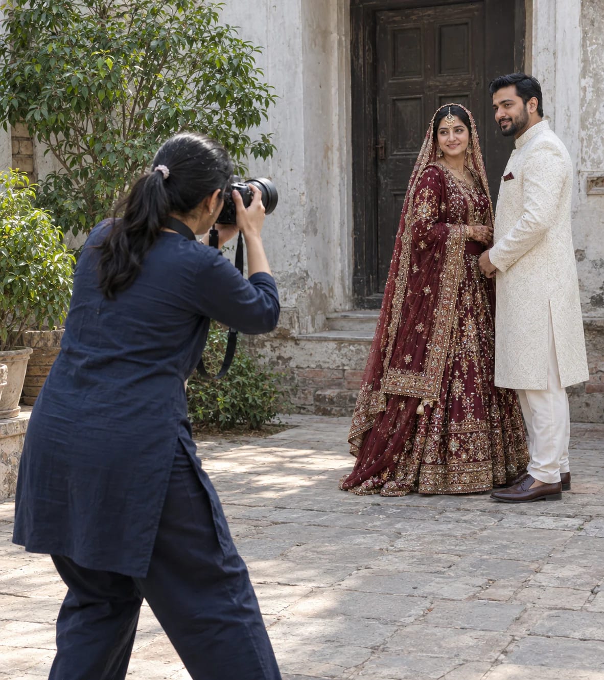 ExposurePro photographer directing a bridal couple portrait in a historic courtyard