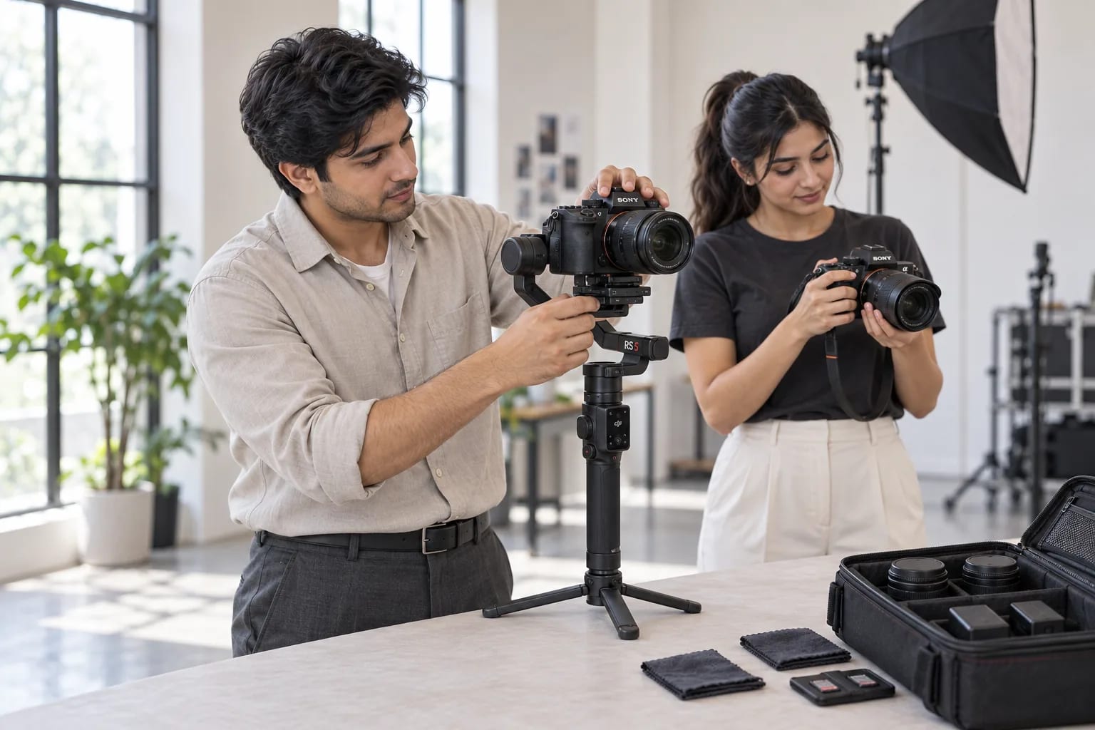 ExposurePro crew preparing Sony cameras and a gimbal in the studio