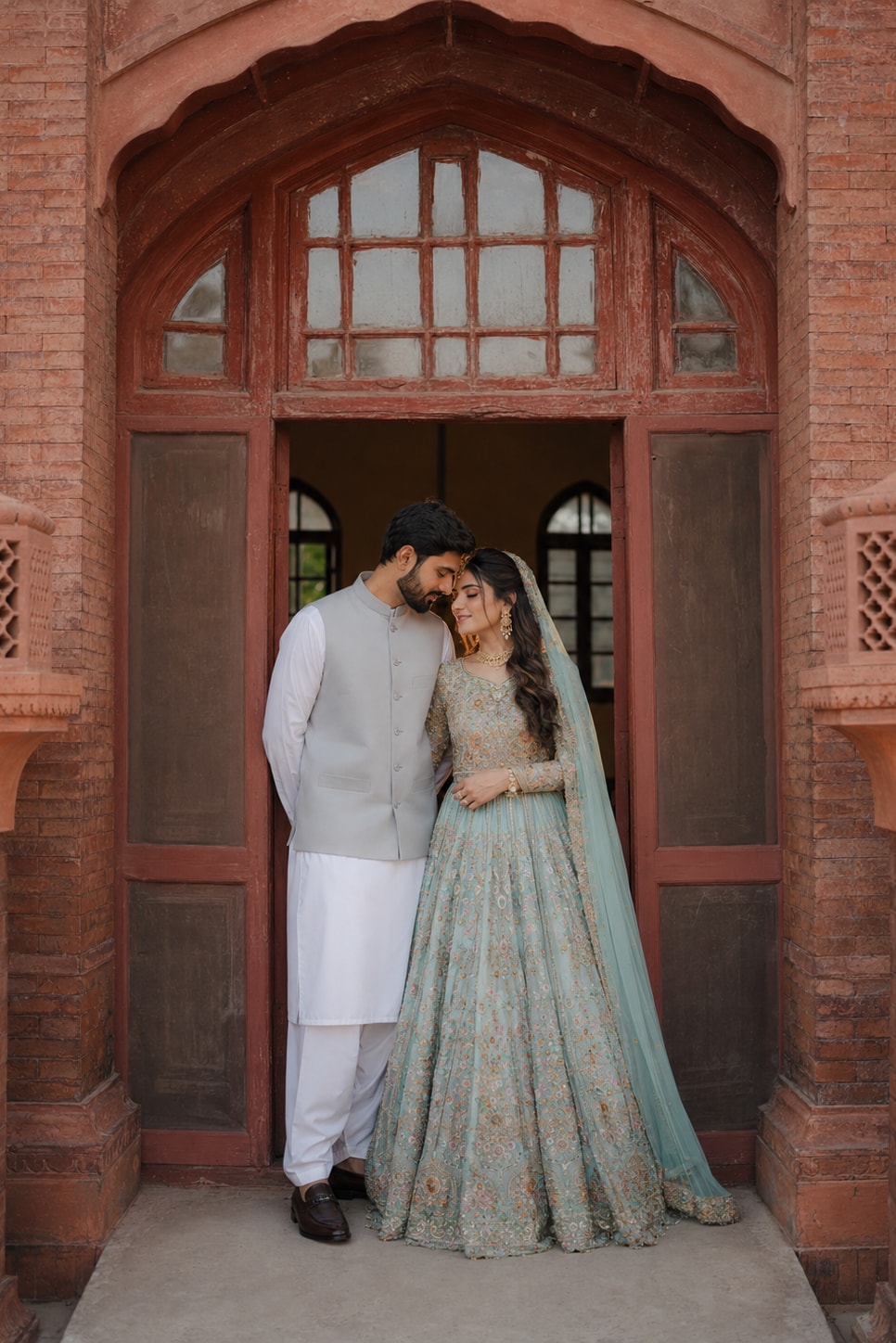 Couple standing together in front of a brick doorway