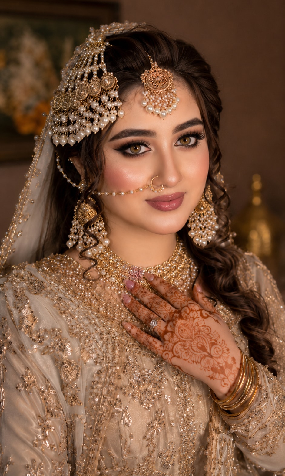 Close bridal portrait with pearl jewelry